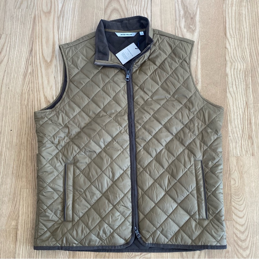 Peter Millar Quilted Vest in Olive Green with Brown Trim